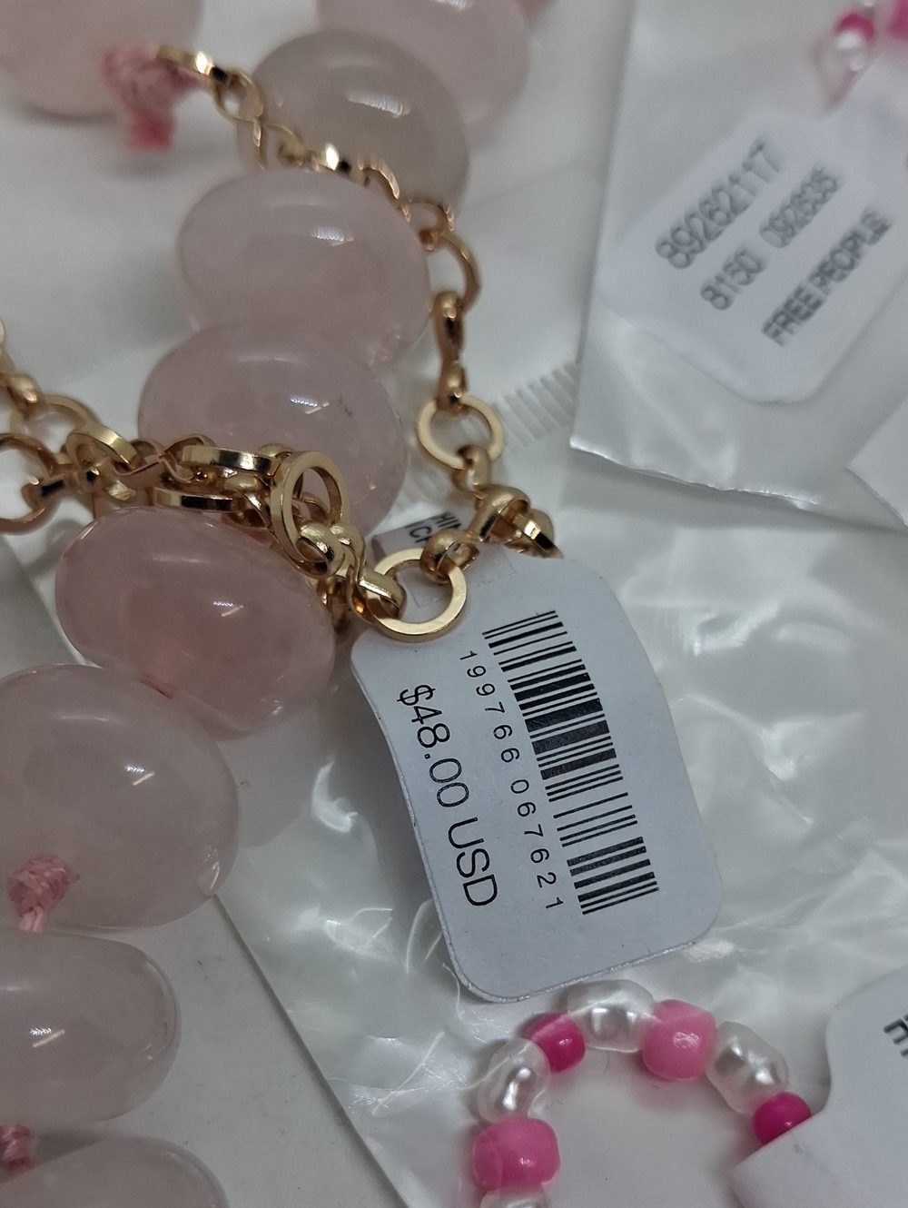 NWT Free People 4 Pc. Set  Pink Beaded Necklace with Gold Chain Accent & 3 Rings - Picture 5 of 5